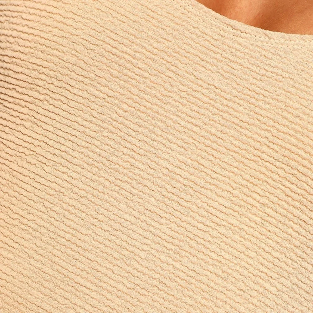 NEW Beige Crinkle Scoop Neck High-Cut One-Piece Swimsuit - Picture 4 of 9